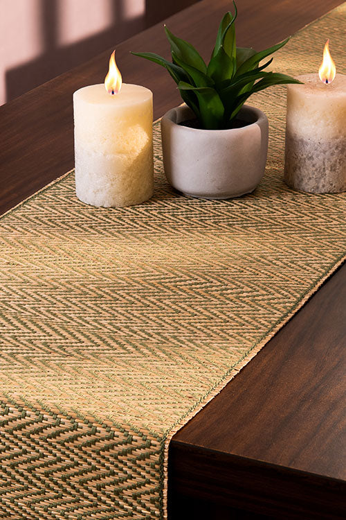 Madurkathi Chevron Tassels Table Runner Sage Green