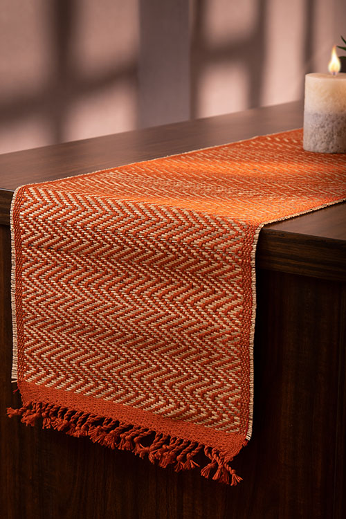 Madurkathi Tassels Chevron Table Runner Rust