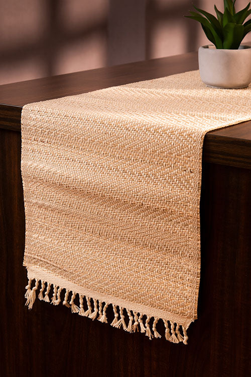 Madurkathi Tassels Chevron Table Runner Ivory