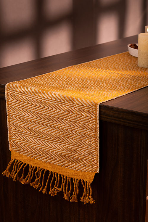 Madurkathi Tassels Chevron Table Runner Large Mustard