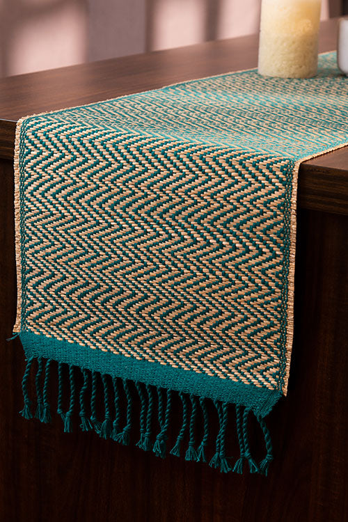 Madurkathi Tassels Chevron Table Runner Large Teal
