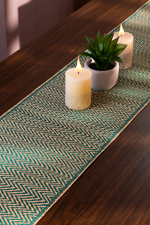 Madurkathi Tassels Chevron Table Runner Large Teal