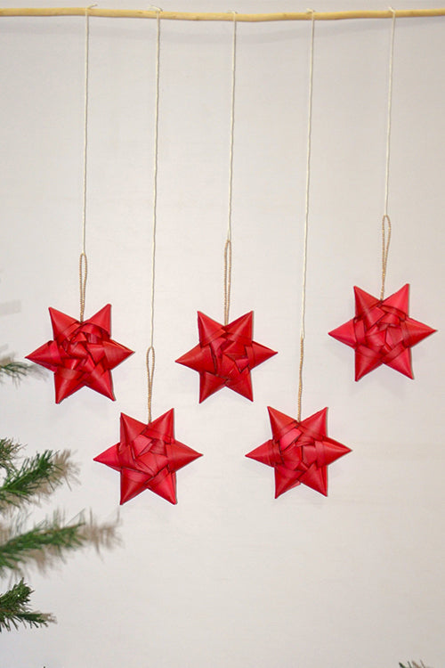 Palm Leaf Christmas Star Ornaments Red (Set of 5)