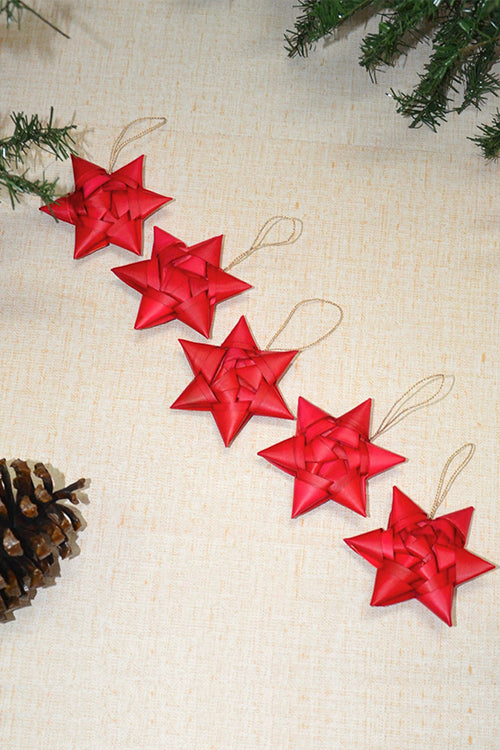 Palm Leaf Christmas Star Ornaments Red (Set of 5)