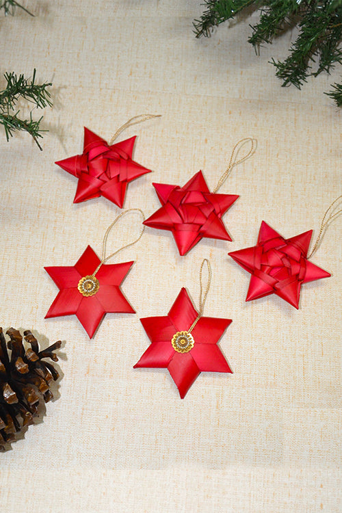 Palm Leaf Christmas Star Ornaments Red (Set of 5)