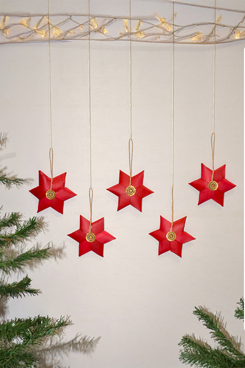 Palm Leaf Christmas Star Ornaments Red (Set of 5)