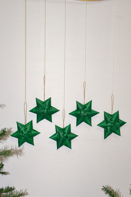 Palm Leaf Christmas Star Ornaments Green (Set of 5)