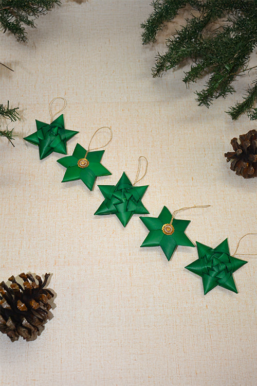 Palm Leaf Christmas Star Ornaments Green (Set of 5)