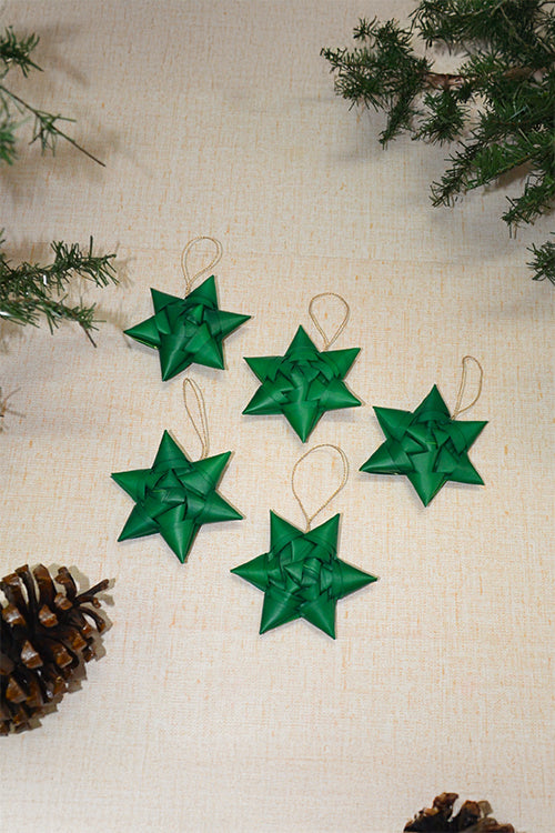 Palm Leaf Christmas Star Ornaments Green (Set of 5)