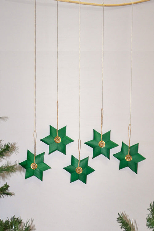 Palm Leaf Christmas Star Ornaments Green (Set of 5)