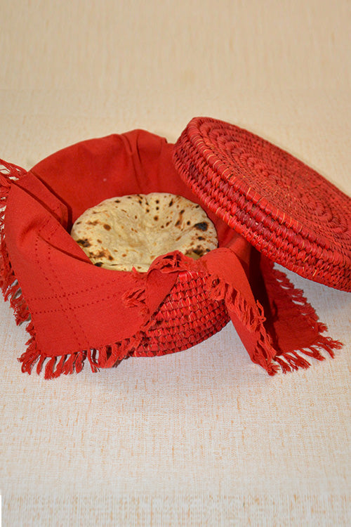 Sabai Grass & Palm Leaf Round Roti & Utility Box Red