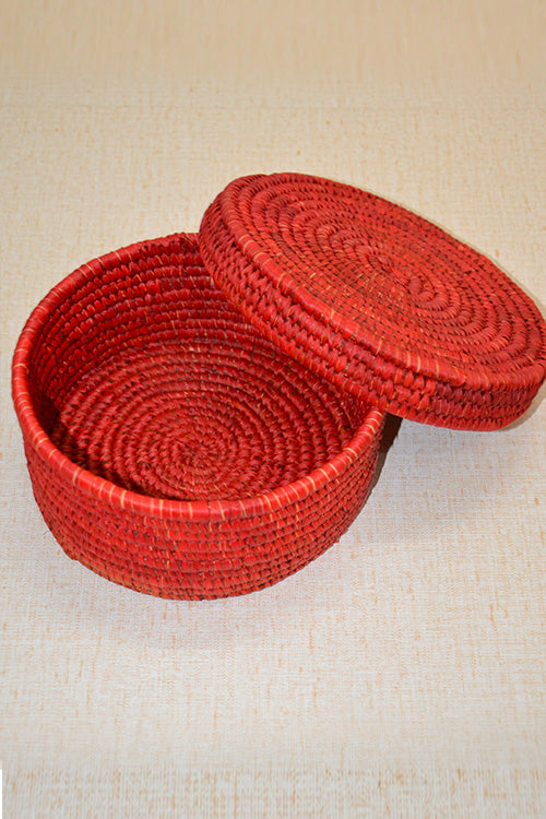 Sabai Grass & Palm Leaf Round Roti & Utility Box Red