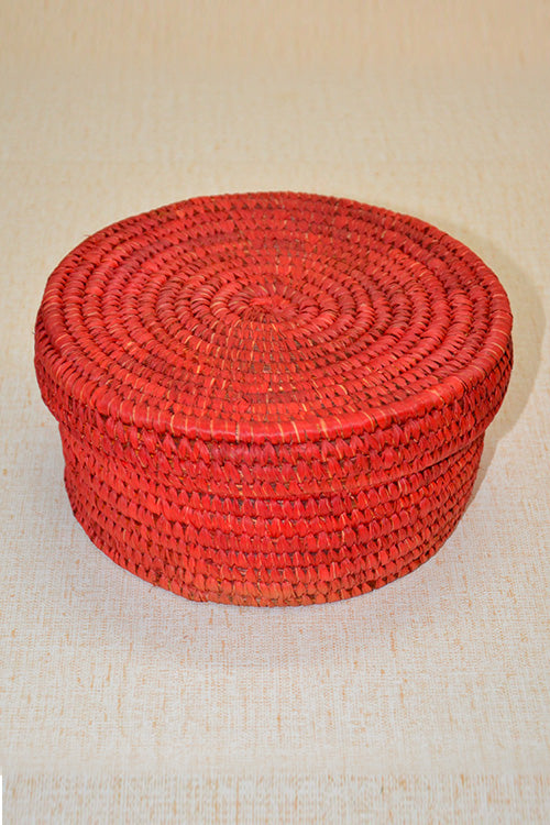 Sabai Grass & Palm Leaf Round Roti & Utility Box Red