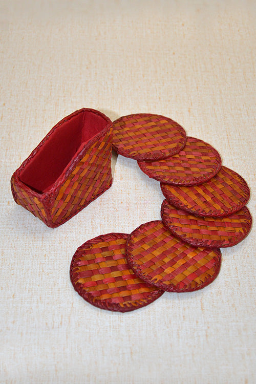 Screw Pine Round Tea Coasters Red Orange