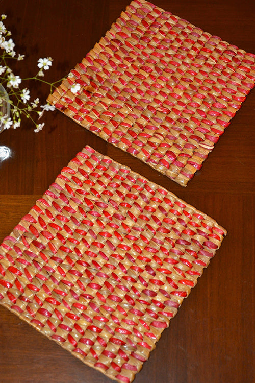 Water Hyacinth Square Trivets Red Natural (Set of 2)